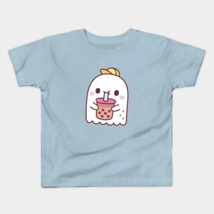 Cute Ghost Drinking Boba Tea Kids T-Shirt